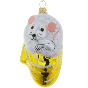 Стеклянная елочная игрушка Мышка в рукавичке 8 см золотая, подвеска Фабрика Елочка фото 1