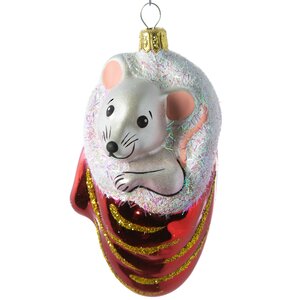 Стеклянная елочная игрушка Мышка в рукавичке 8 см красная, подвеска Фабрика Елочка фото 1