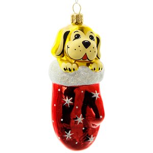 Стеклянная елочная игрушка Собачка в рукавичке 8 см красная, подвеска Фабрика Елочка фото 1