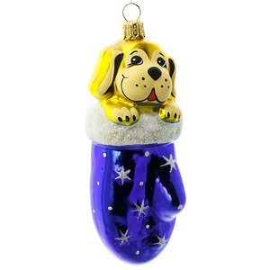 Стеклянная елочная игрушка Собачка в рукавичке 8 см синяя, подвеска Фабрика Елочка фото 1