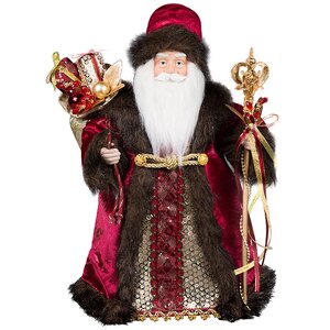Дед Мороз в бордовой шубе с посохом и золотым мешком подарков 40 см Holiday Classics фото 2