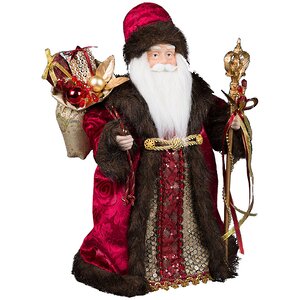 Дед Мороз в бордовой шубе с посохом и золотым мешком подарков 40 см Holiday Classics фото 1