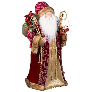 Дед Мороз в бежево-бордовой шубе с посохом и мешком подарков 61 см Holiday Classics фото 1