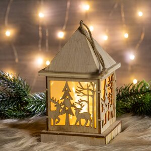 Светящееся украшение Домик-Фонарик с оленями 17 см с теплыми белыми LED лампами на батарейках