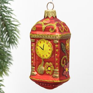 Стеклянная елочная игрушка Часы с маятником - Золотая Хохлома 11 см, подвеска Коломеев фото 1