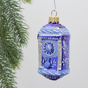 Стеклянная елочная игрушка Часы с маятником - Гжельские Узоры 9 см синие, подвеска Коломеев фото 1