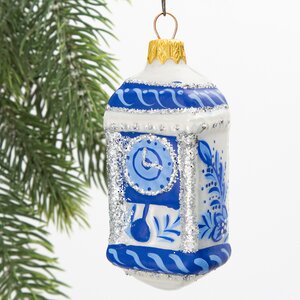 Стеклянная елочная игрушка Часы с маятником - Гжельские Узоры 9 см синие с белым, подвеска Коломеев фото 1