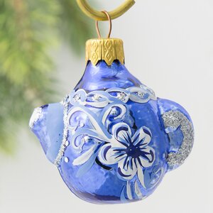 Стеклянная елочная игрушка Чайник - Русские узоры 7 см, синяя, подвеска Коломеев фото 1