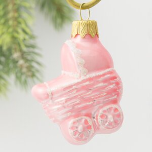 Стеклянная елочная игрушка Коляска - Прогулка для малышей 9 см розовая, подвеска Коломеев фото 1