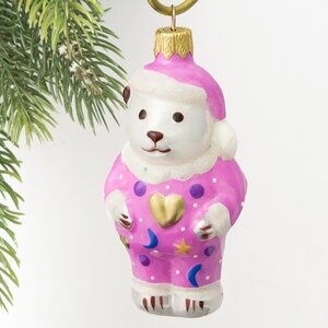 Стеклянная елочная игрушка Мишка в пижаме 11 см розовая, подвеска Коломеев фото 1