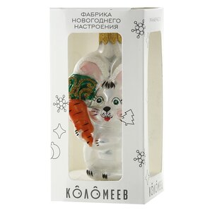 Стеклянная елочная игрушка Зайчик Уильям с морковкой 7 см, подвеска Коломеев фото 3