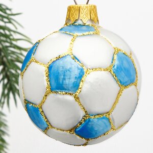 Стеклянная елочная игрушка Футбольный мяч - Blue Edition 7 см, подвеска Коломеев фото 1