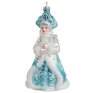 Стеклянная елочная игрушка Снегурочка в голубой шубке со стразами 14 см, подвеска Holiday Classics фото 1