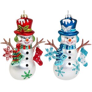 Стеклянная елочная игрушка Снеговик с ручками-веточками 15 см в голубом, подвеска Holiday Classics фото 2