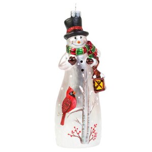 Стеклянная елочная игрушка Снеговик с птичкой кардиналом в цилиндре 17 см, подвеска Holiday Classics фото 1