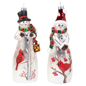 Стеклянная елочная игрушка Снеговик с птичкой кардиналом в колпачке 17 см, подвеска Holiday Classics фото 2