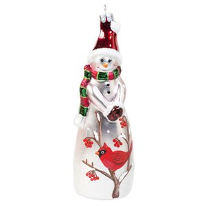 Стеклянная елочная игрушка Снеговик с птичкой кардиналом в колпачке 17 см, подвеска Holiday Classics фото 1