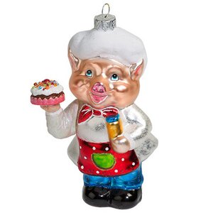 Стеклянная елочная игрушка Поросенок Шеф-повар 14 см, подвеска Holiday Classics фото 1