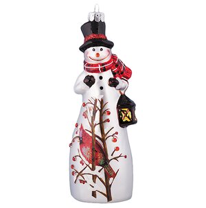 Стеклянная елочная игрушка Снеговик с птичкой кардиналом 16 см, подвеска Holiday Classics фото 1