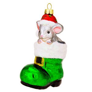Елочная игрушка Мышонок в зелёном башмачке Санты 13 см, стекло, подвеска Holiday Classics фото 1
