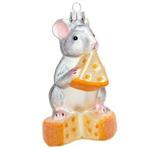 Елочная игрушка Мышка с сыром Чеддер - Сырная Душа 12 см, серебряный, стекло, подвеска Holiday Classics фото 1