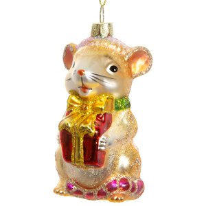 Стеклянная елочная игрушка Мышка Норушка с красным подарком 9 см, подвеска Holiday Classics фото 1