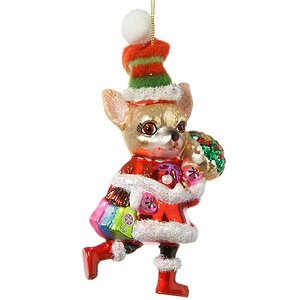 Стеклянная елочная игрушка Собачка Чихуахуа в новогоднем наряде с букетом пуансеттий 14 см, подвеска Holiday Classics фото 1