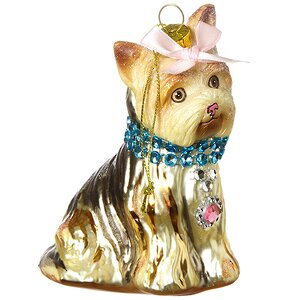 Стеклянная елочная игрушка Собачка Йорк в ошейнике с инкрустацией 12 см, подвеска Holiday Classics фото 1