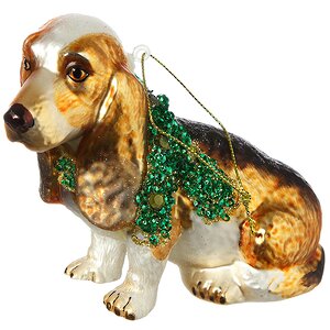 Стеклянная елочная игрушка Собака Бассет в шарфе с инкрустацией 10 см, подвеска Holiday Classics фото 1
