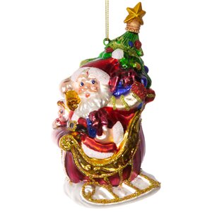 Стеклянная елочная игрушка Санта в санях с подарками 15 см, подвеска Holiday Classics фото 1