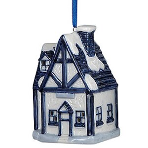 Светящаяся елочная игрушка Делфтский домик с синей крышей фахверк 9 см, подвеска Kurts Adler фото 1