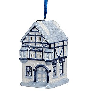 Светящаяся елочная игрушка Делфтский домик с голубой крышей фахверк 9 см, подвеска Kurts Adler фото 1