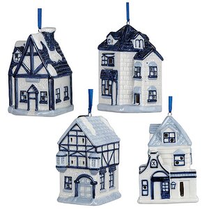 Светящаяся елочная игрушка Делфтский домик с голубой крышей фахверк 9 см, подвеска Kurts Adler фото 2