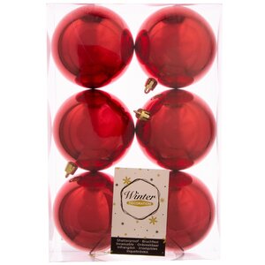 Набор пластиковых глянцевых шаров 8 см красный, 6 шт, Winter Decoration