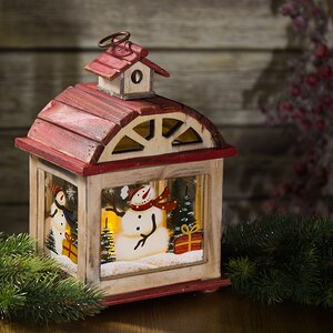 Деревянный подсвечник-фонарь Снеговичок с подарком в старинном домике 28 см Holiday Classics фото 1