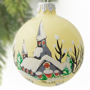 Стеклянный елочный шар Зимний пейзаж 65 мм, молочный глянцевый Коломеев фото 1