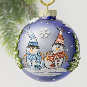Стеклянный елочный шар Снеговики Вилли и Винни 85 мм, синий
