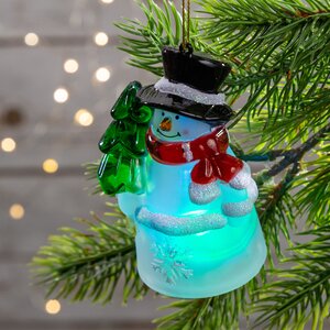 Светящаяся елочная игрушка Снеговик с Елочкой 10 см на батарейке, RGB, подвеска
