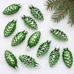 Набор стеклянных елочных игрушек Шишки 6 см луговой зеленый mix, 12 шт