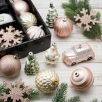Набор елочных игрушек Новогодняя Сказка 8-12 см, 25 шт, розовое золото с зеленым, пластик