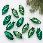 Набор стеклянных елочных игрушек Шишки 6 см рождественский зеленый mix, 12 шт