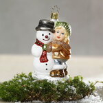 Стеклянная елочная игрушка Девочка Клэри со снеговиком 12 см, подвеска