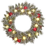 Венок с лампочками Kaprun Red заснеженный 60 см, 15 теплых белых LED ламп, таймер, на батарейках, ЛЕСКА + ПВХ