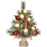 Настольная елка с лампочками Kaprun Red заснеженная в мешочке 45 см, 8 теплых белых LED ламп, таймер, на батарейках, ЛЕСКА + ПВХ