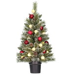 Настольная елка с лампочками Kaprun Red заснеженная 90 см, 20 теплых белых LED ламп, таймер, на батарейках, ЛЕСКА + ПВХ