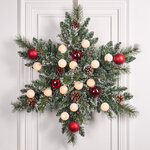 Хвойная снежинка с лампочками Kaprun Red заснеженный 60 см, 15 теплых белых LED ламп, таймер, на батарейках, ЛЕСКА + ПВХ