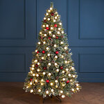 Искусственная елка с лампочками Kaprun Red заснеженная 180 см, 140 теплых белых LED ламп, ЛЕСКА + ПВХ