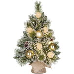 Настольная елка с лампочками Kaprun Gold заснеженная в мешочке 45 см, 8 теплых белых LED ламп, таймер, на батарейках, ЛЕСКА + ПВХ