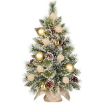 Настольная елка с лампочками Kaprun Gold заснеженная в мешочке 60 см, 10 теплых белых LED ламп, таймер, на батарейках, ЛЕСКА + ПВХ