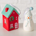 Елочные игрушки Снеговичок и Рождественский Домик 9 см, 2 шт